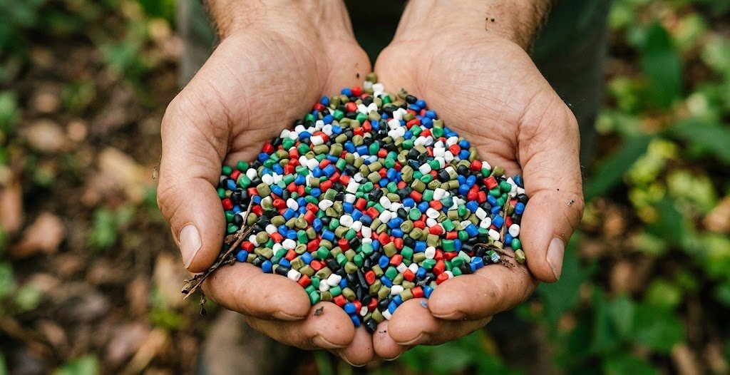 Biji plastik daur ulang di tangan